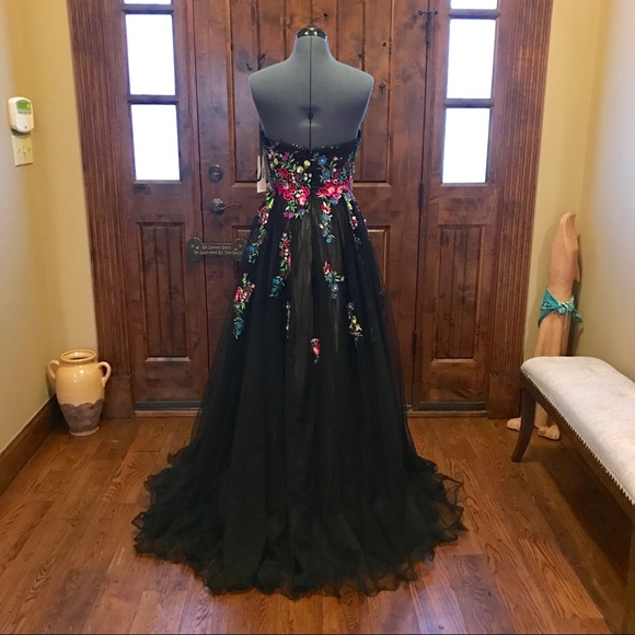 JVN Jovani Black Strapless Floral Chiffon Gown! - Picture 5 of 7